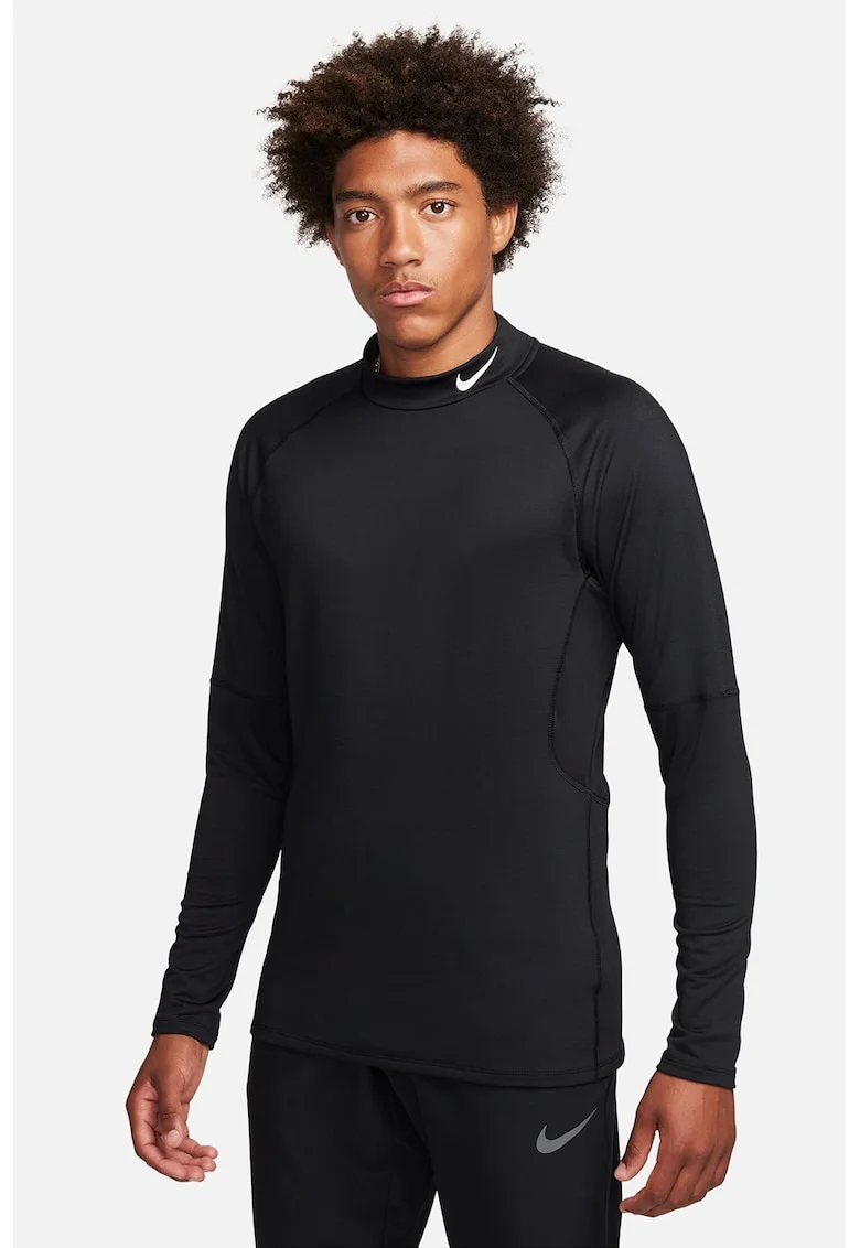 Bluza slim fit cu guler scurt si tehnologie Dri-Fit pentru fitness, Negru
