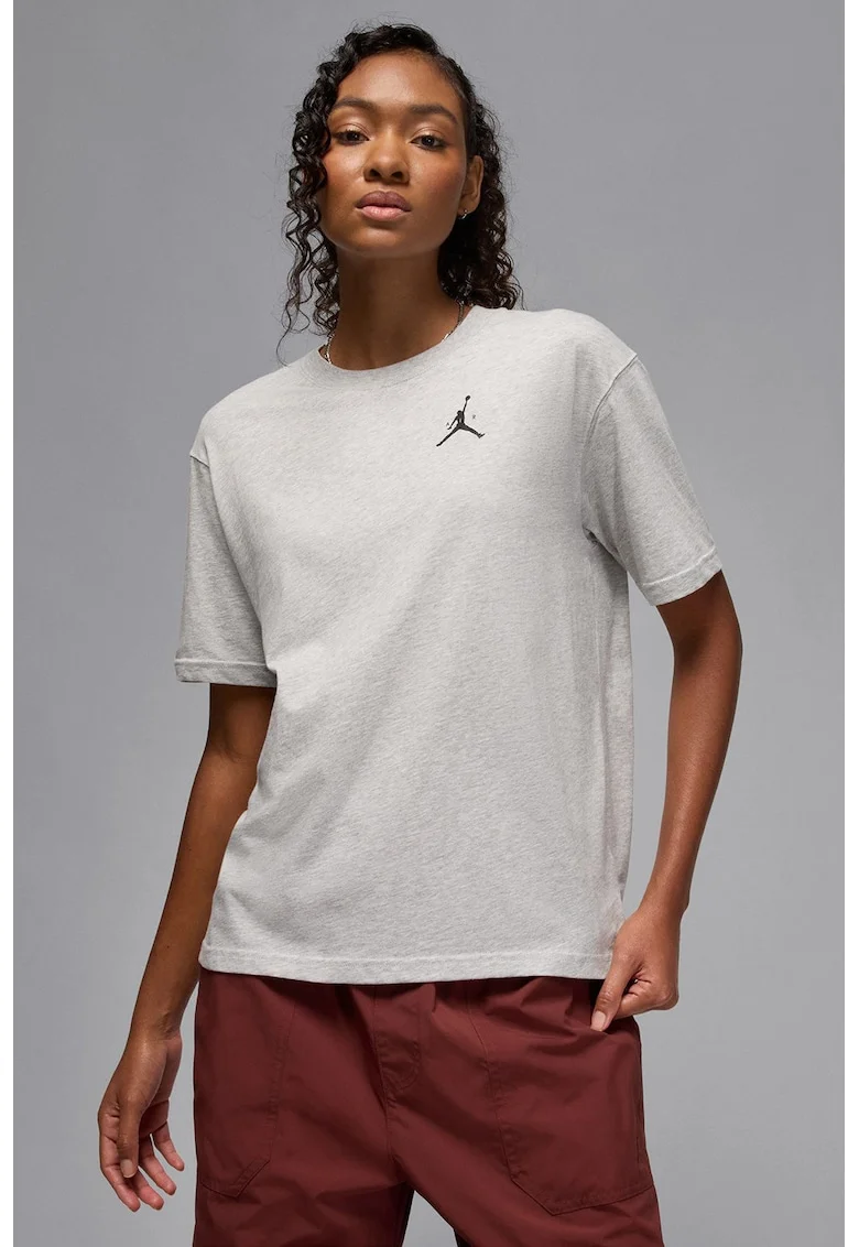 Tricou cu imprimeu logo si decolteu la baza gatului, pentru baschet Jumpman, Gri melange