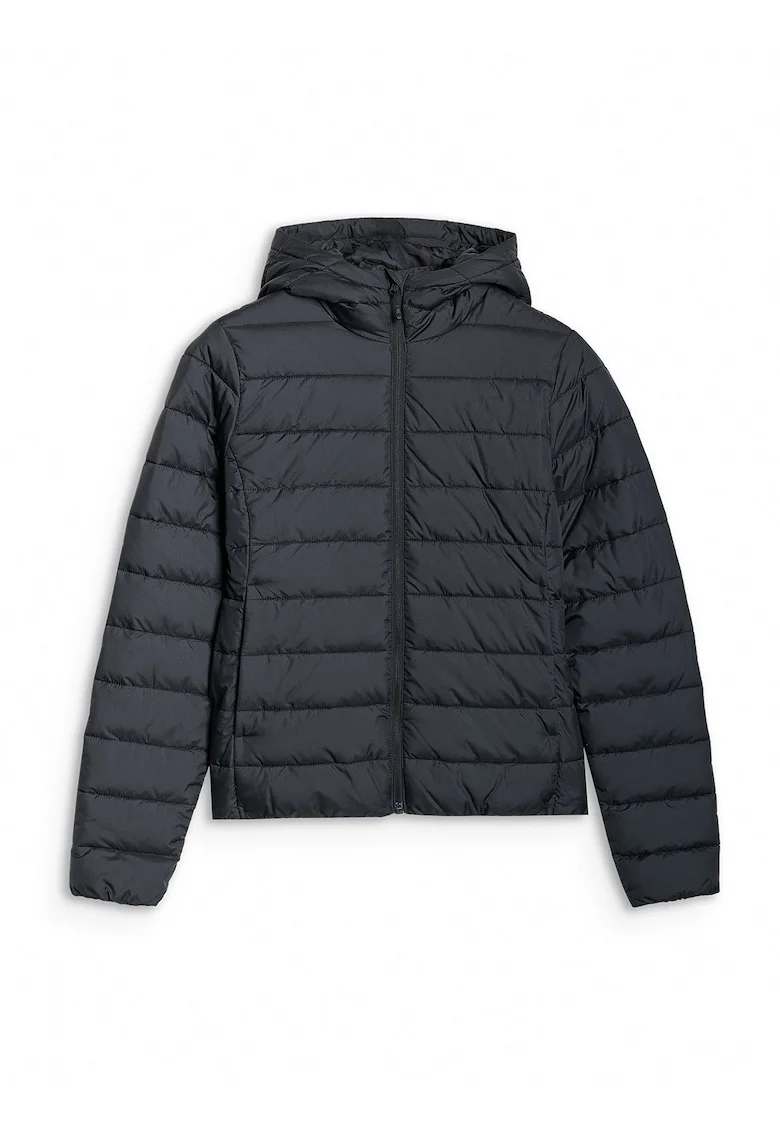 Jacheta de puf  pentru femei, neagra, umplutura din puf sintetic reciclat, gluga, design usor