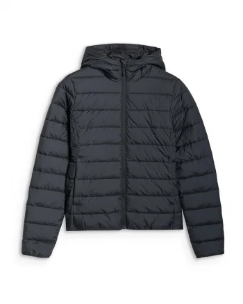 Jacheta de puf  pentru femei, neagra, umplutura din puf sintetic reciclat, gluga, design usor