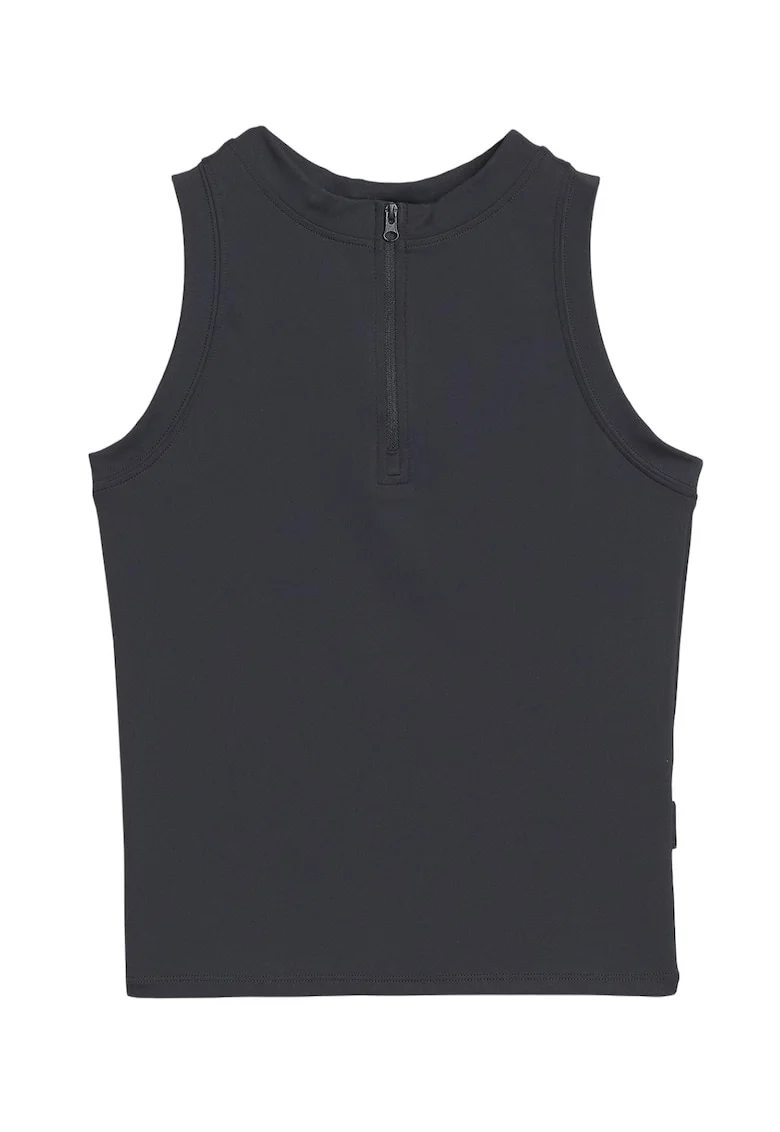 Top Sport Casual Fara Maneci pentru Femei  Slim Fit, Cropped Negru, Tricot Elastic Interlock, Decolteu Rotund cu Fermoar, Material Sustenabil, Sezon SS25