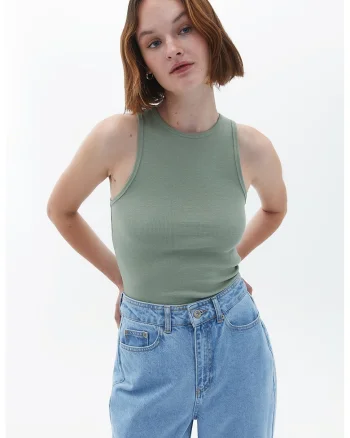 Top crop din amestec de bumbac, Verde pal