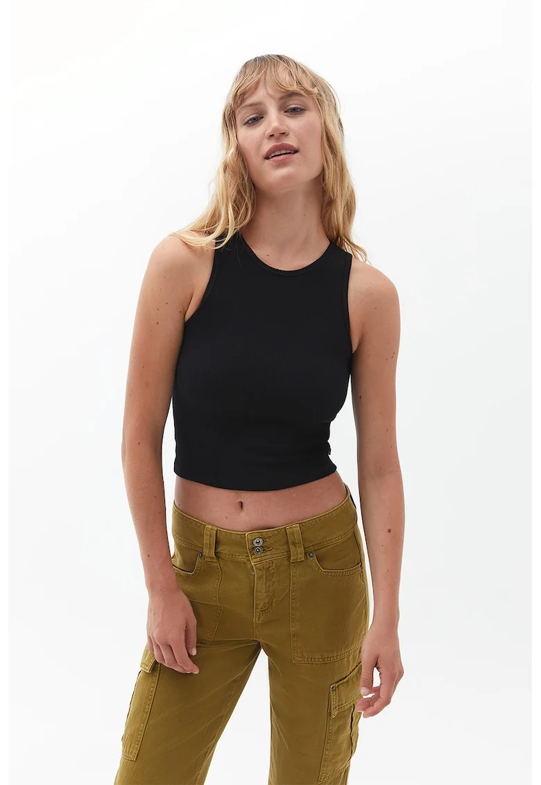 Top crop din amestec de bumbac, Negru
