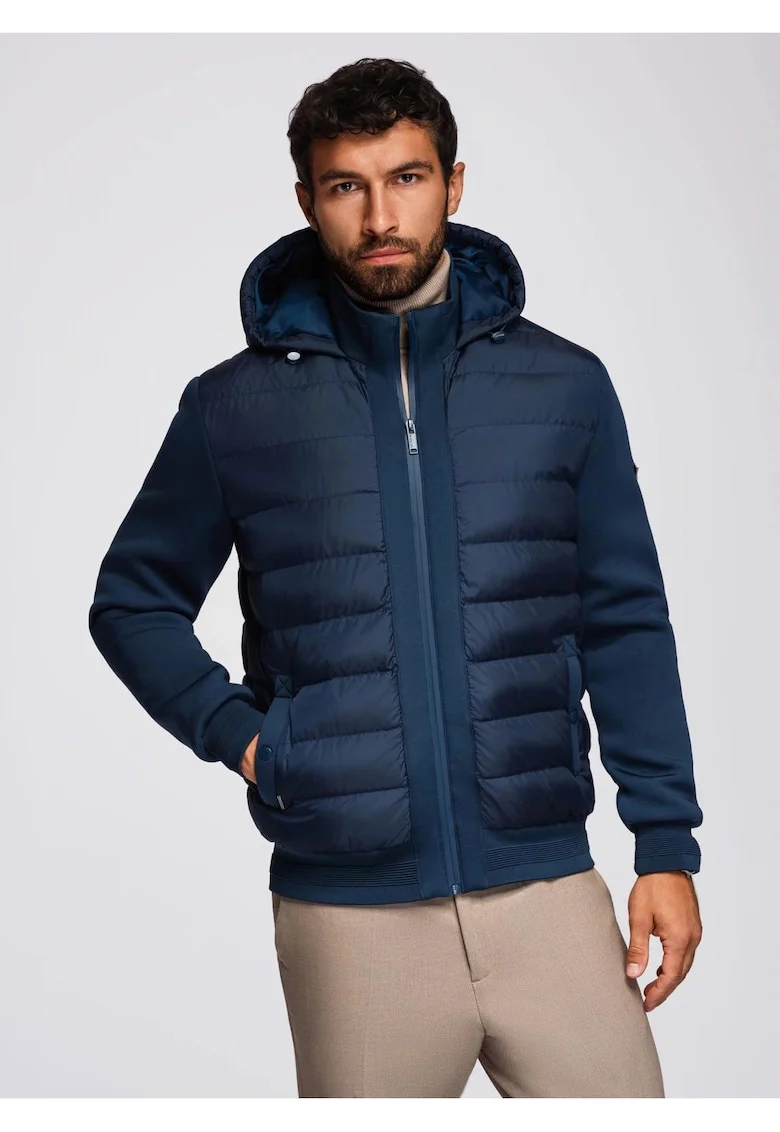 Jacheta bomber matlasata cu gluga si maneci tricotate  OM-JALP-0298, Albastru inchis