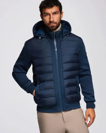 Jacheta bomber matlasata cu gluga si maneci tricotate  OM-JALP-0298, Albastru inchis