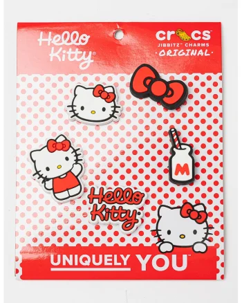 Set de talismane cu tematica Hello Kitty, pentru saboti Jibbitz - 5 piese, Rosu/Alb