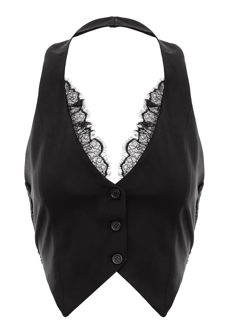 Top halter cu detalii de dantela, Negru