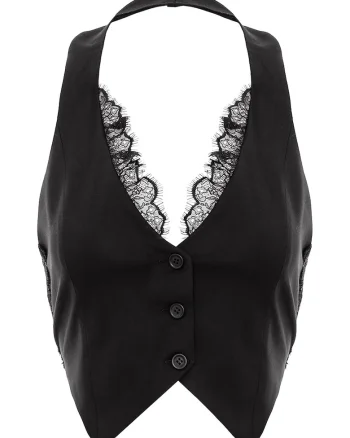 Top halter cu detalii de dantela, Negru