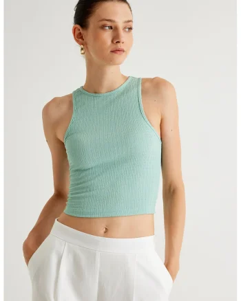 Top crop cu aspect texturat, Verde menta
