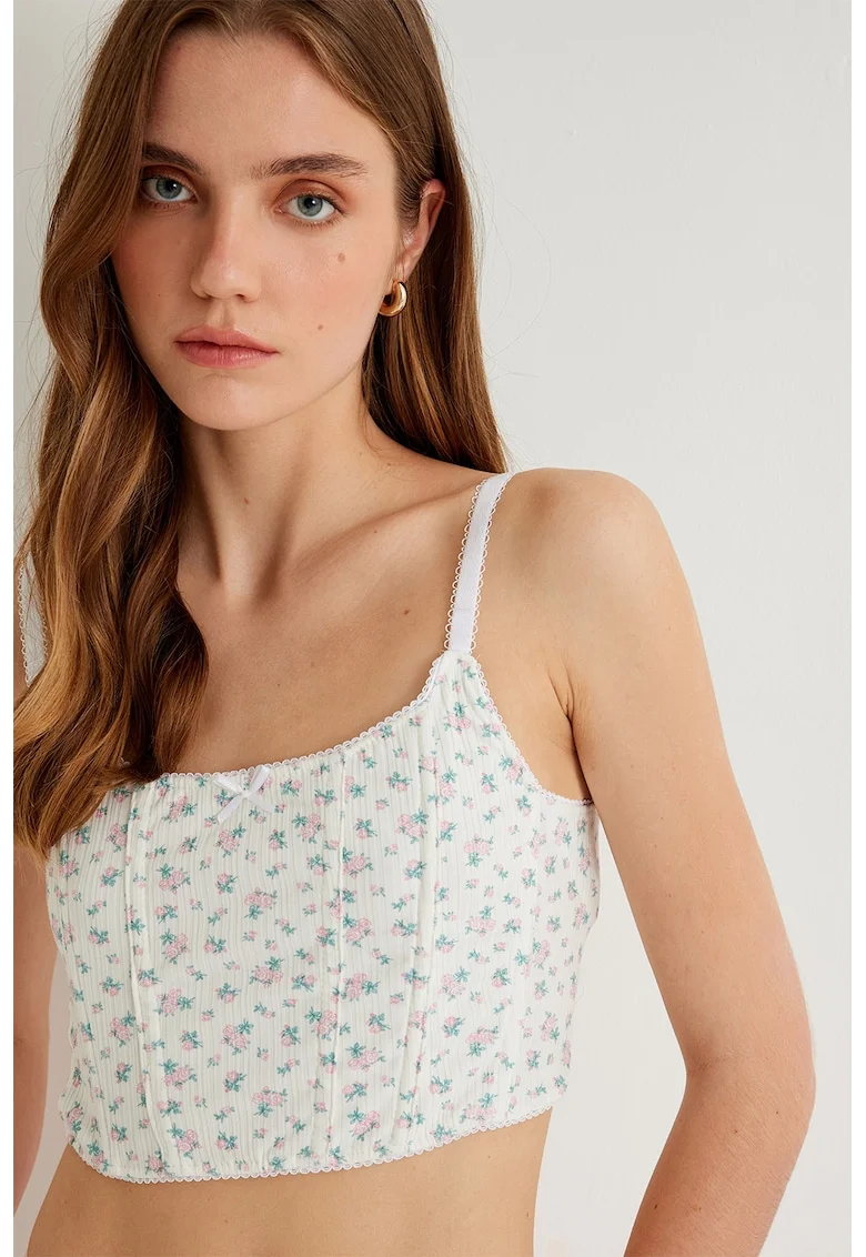Top crop cu model floral, Roz pastel/Alb murdar/Verde persan