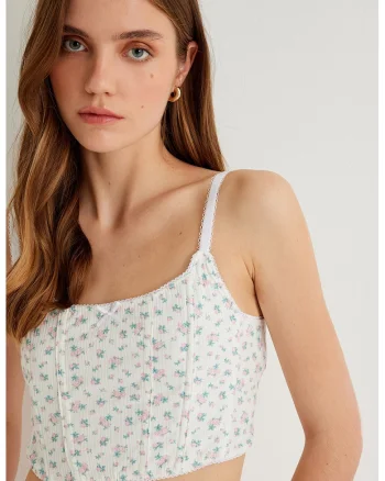 Top crop cu model floral, Roz pastel/Alb murdar/Verde persan
