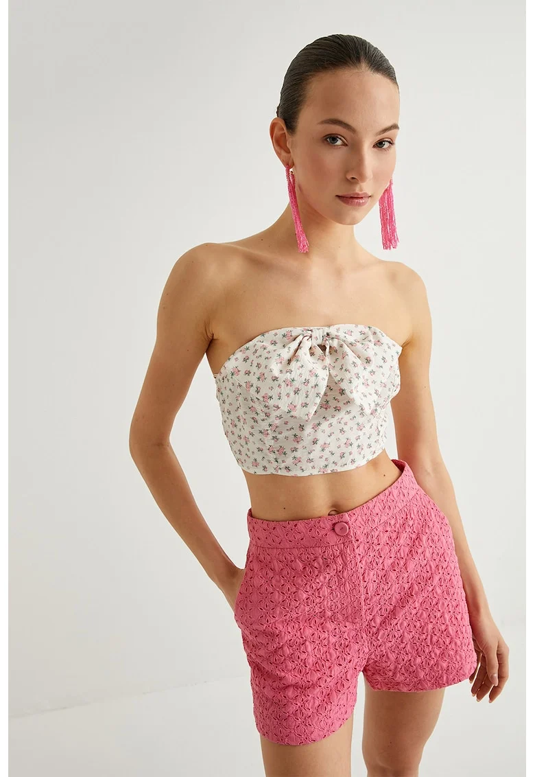 Top crop cu funda, Alb fildes/Verde inchis/Coral