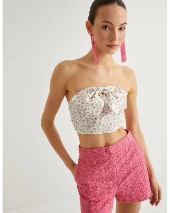 Top crop cu funda, Alb fildes/Verde inchis/Coral