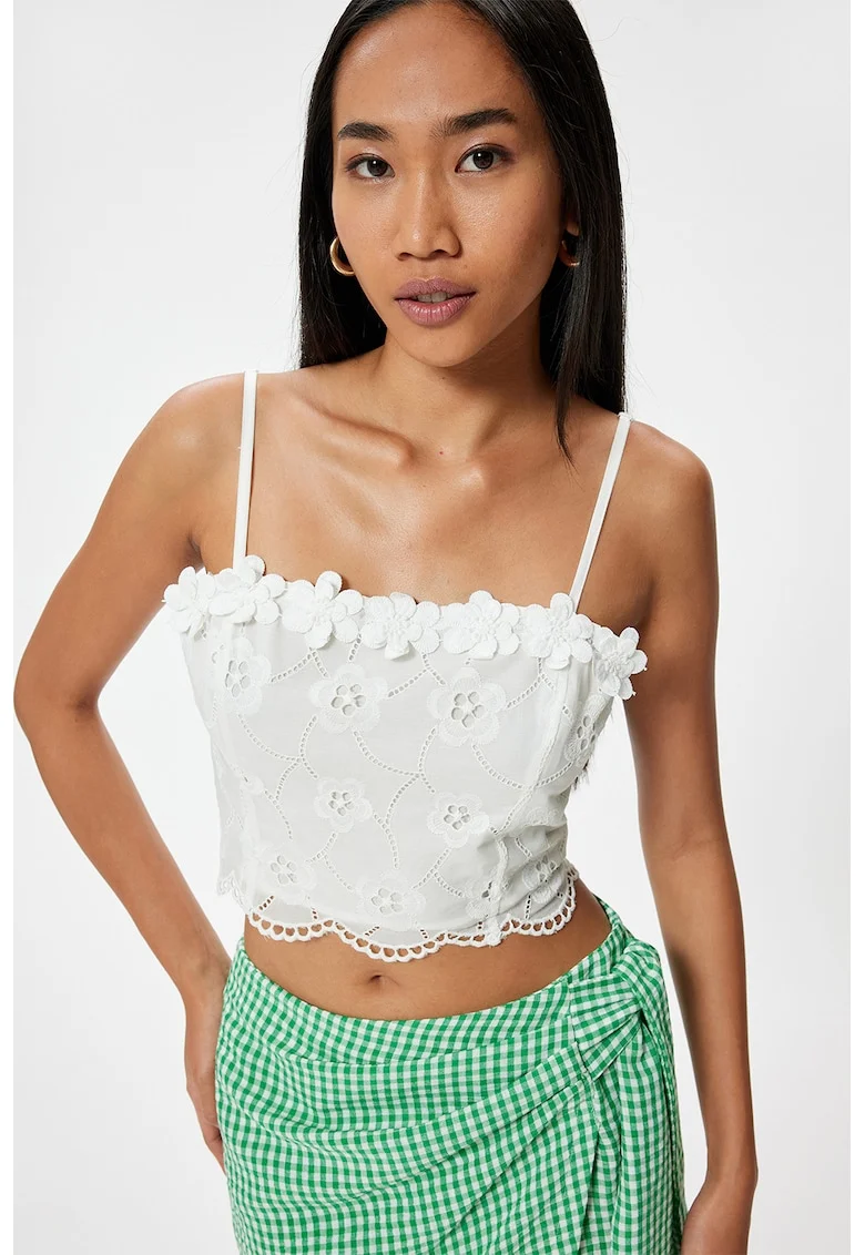 Top crop cu broderii, Alb optic