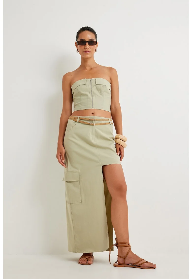 Top crop slim fit cu fermoar, Verde pal