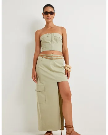 Top crop slim fit cu fermoar, Verde pal