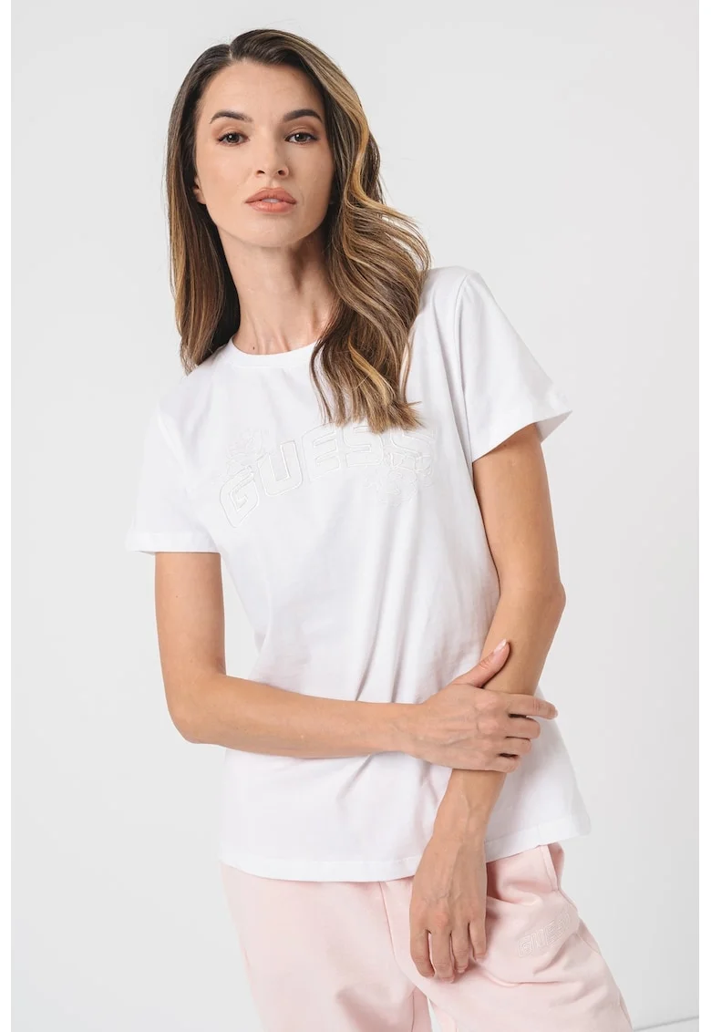 Tricou cu logo brodat, pentru fitness, Alb optic