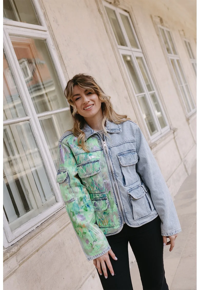 Jacheta din denim cu fermoar, Verde/Albastru deschis