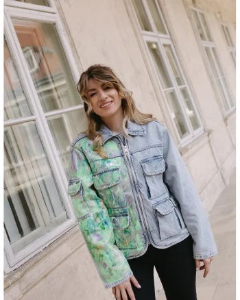 Jacheta din denim cu fermoar, Verde/Albastru deschis
