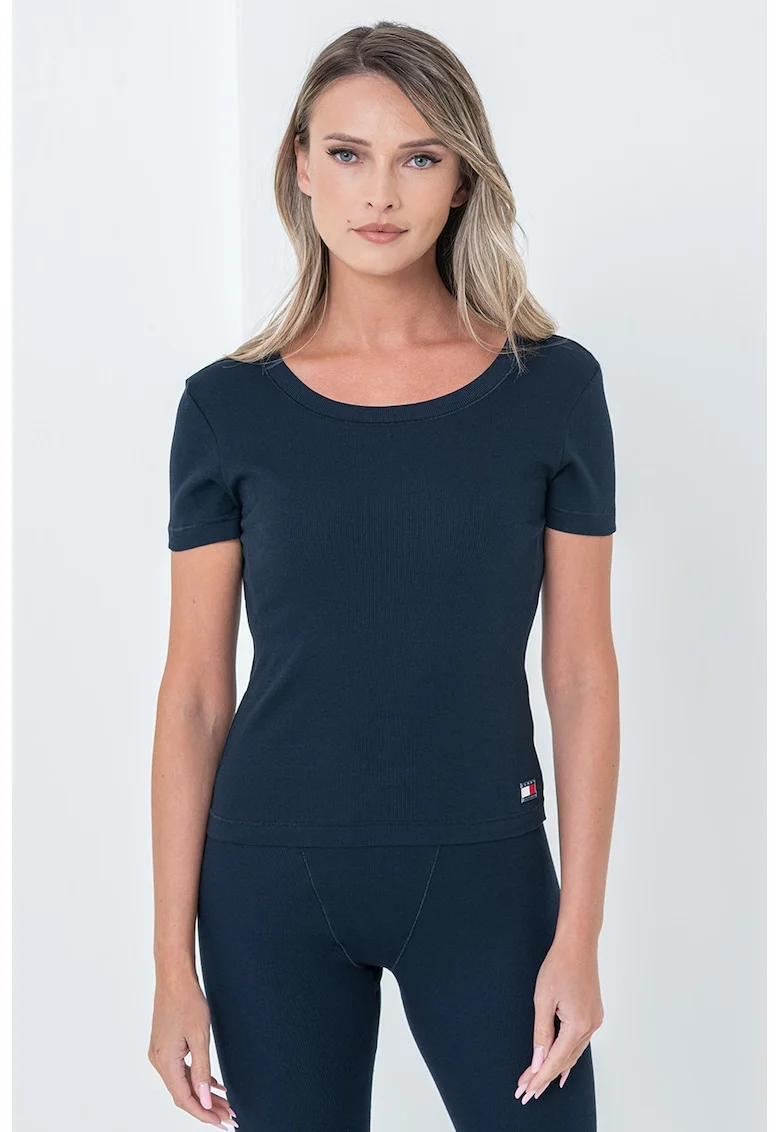 Tricou de casa cu croiala slim fit si decolteu rotund, Albastru ultramarin