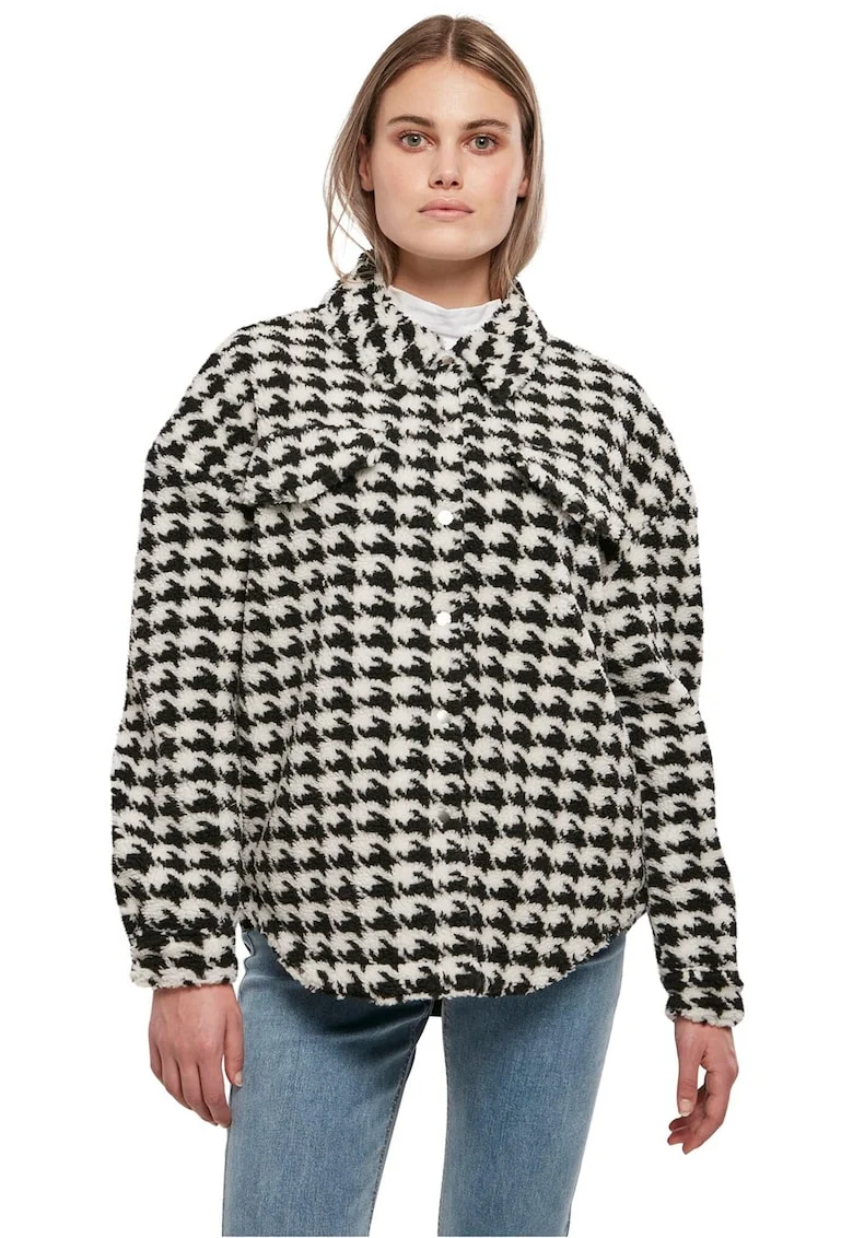 Jacheta pufoasa cu model houndstooth, Alb/Negru