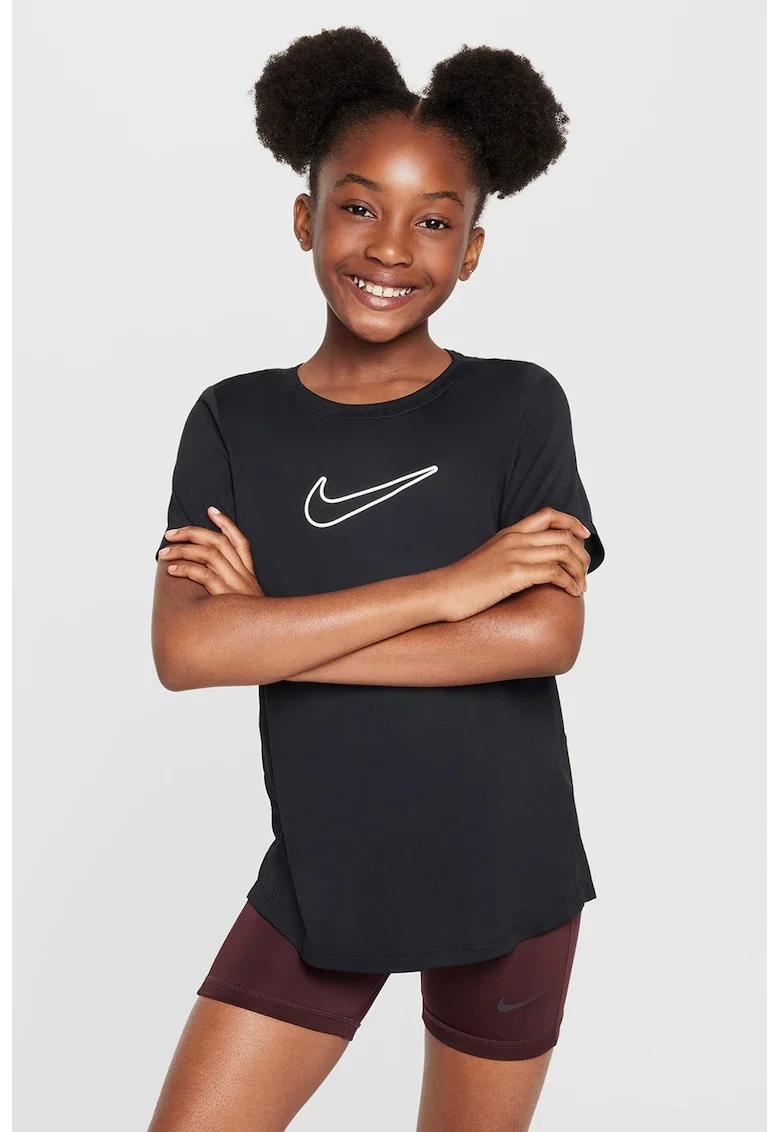 Tricou cu decolteu la baza gatului si imprimeu logo, Negru/Alb optic
