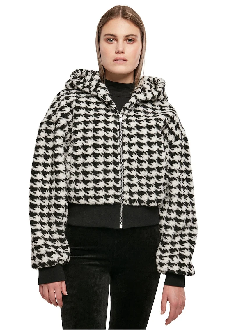 Jacheta crop cu gluga si model houndstooth, Alb/Negru
