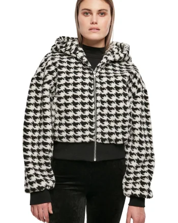 Jacheta crop cu gluga si model houndstooth, Alb/Negru