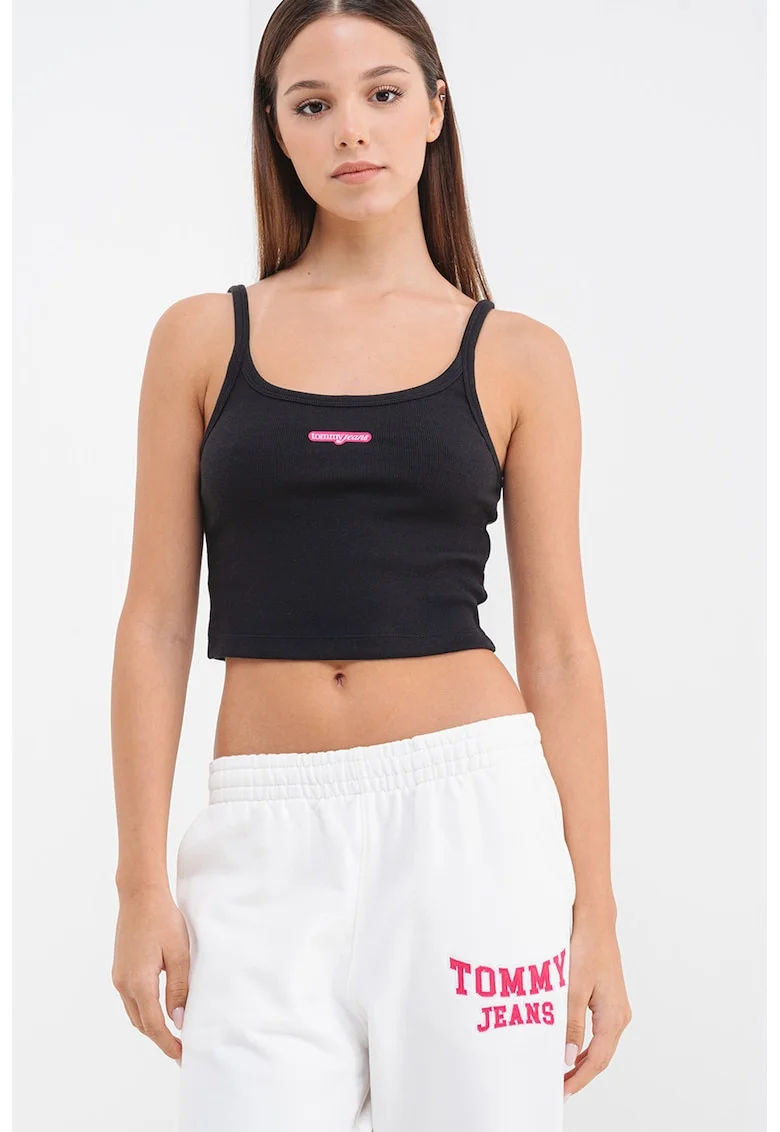 Top crop cu detaliu cu logo discret, Negru