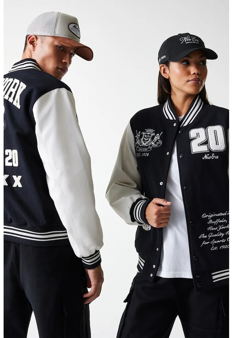Jacheta Varsity unisex din amestec de lana cu aplicatie, Alb/Albastru ultramarin