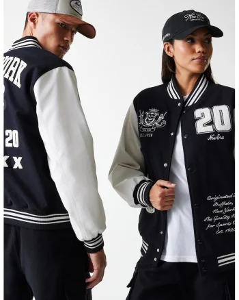 Jacheta Varsity unisex din amestec de lana cu aplicatie, Alb/Albastru ultramarin