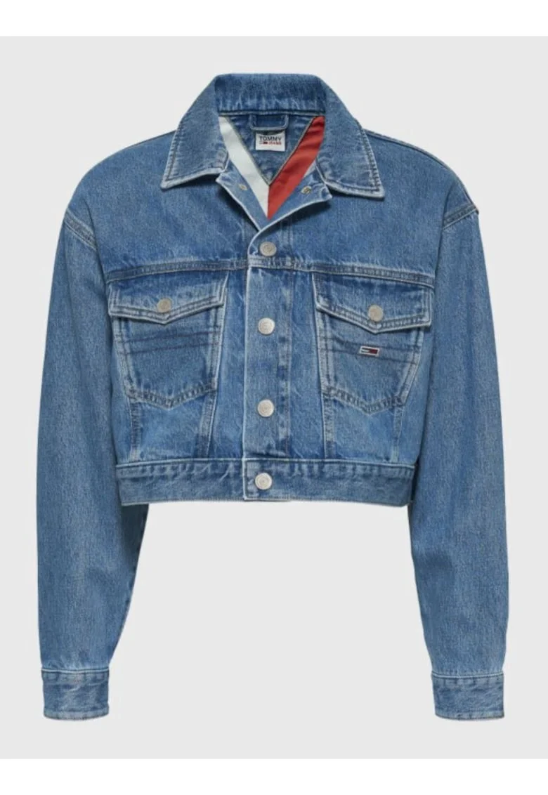 Jacheta crop de denim cu maneci cazute, Albastru