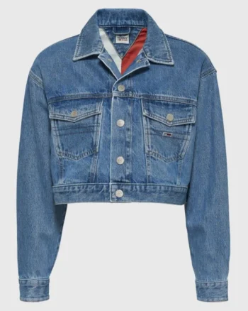 Jacheta crop de denim cu maneci cazute, Albastru