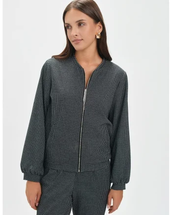 Jacheta bomber cu model in carouri si fermoar, Alb/Negru