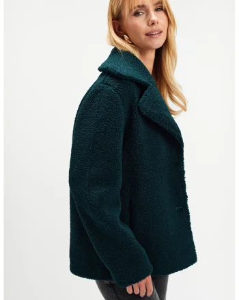 Jacheta din material teddy cu buzunare oblice, Verde padure