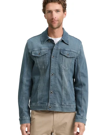 Jacheta din denim cu model uni si buzunare pe piept, Albastru prafuit