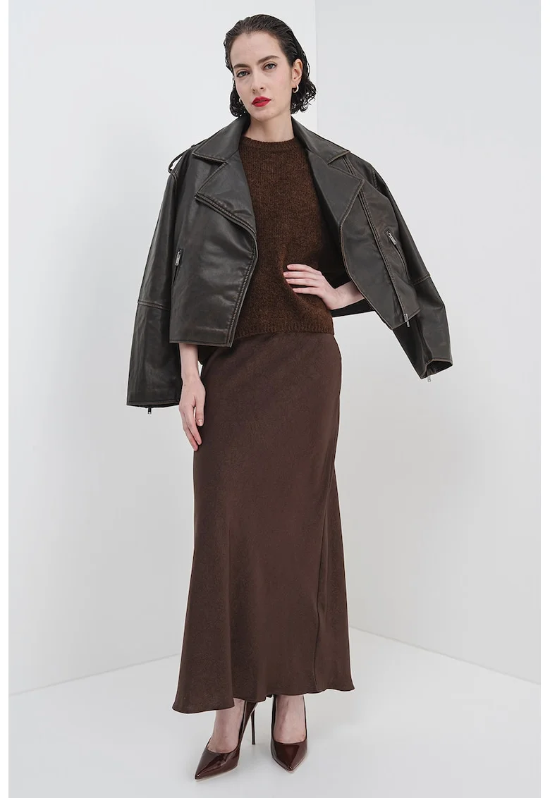 Jacheta crop de piele ecologica, Maro inchis