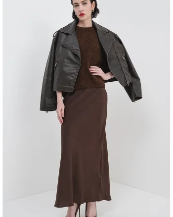 Jacheta crop de piele ecologica, Maro inchis