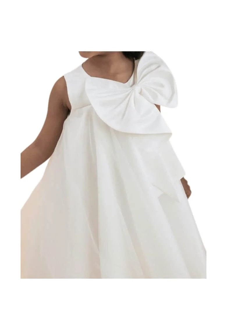 Rochie de ocazie pentru fetițe Isabella, alb crem, elegantă cu fundă mare - Ideală pentru nunți, botezuri și evenimente speciale, Alb