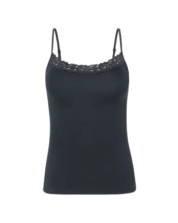 Top slim fit cu captuseala din dantela, Negru