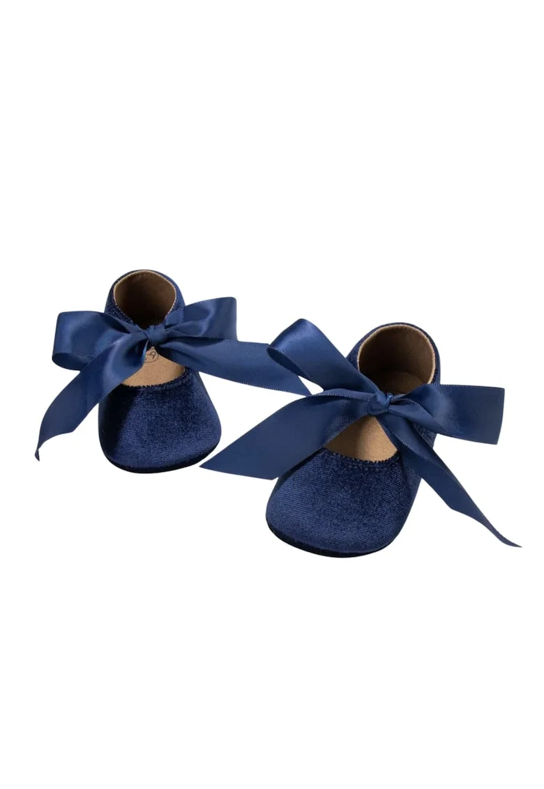 Pantofi Eleganti Bebe  din Catifea cu Funda Satinata, Antiderapanti, Bleumarin, Bleumarin