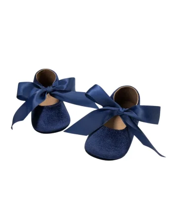 Pantofi Eleganti Bebe  din Catifea cu Funda Satinata, Antiderapanti, Bleumarin, Bleumarin