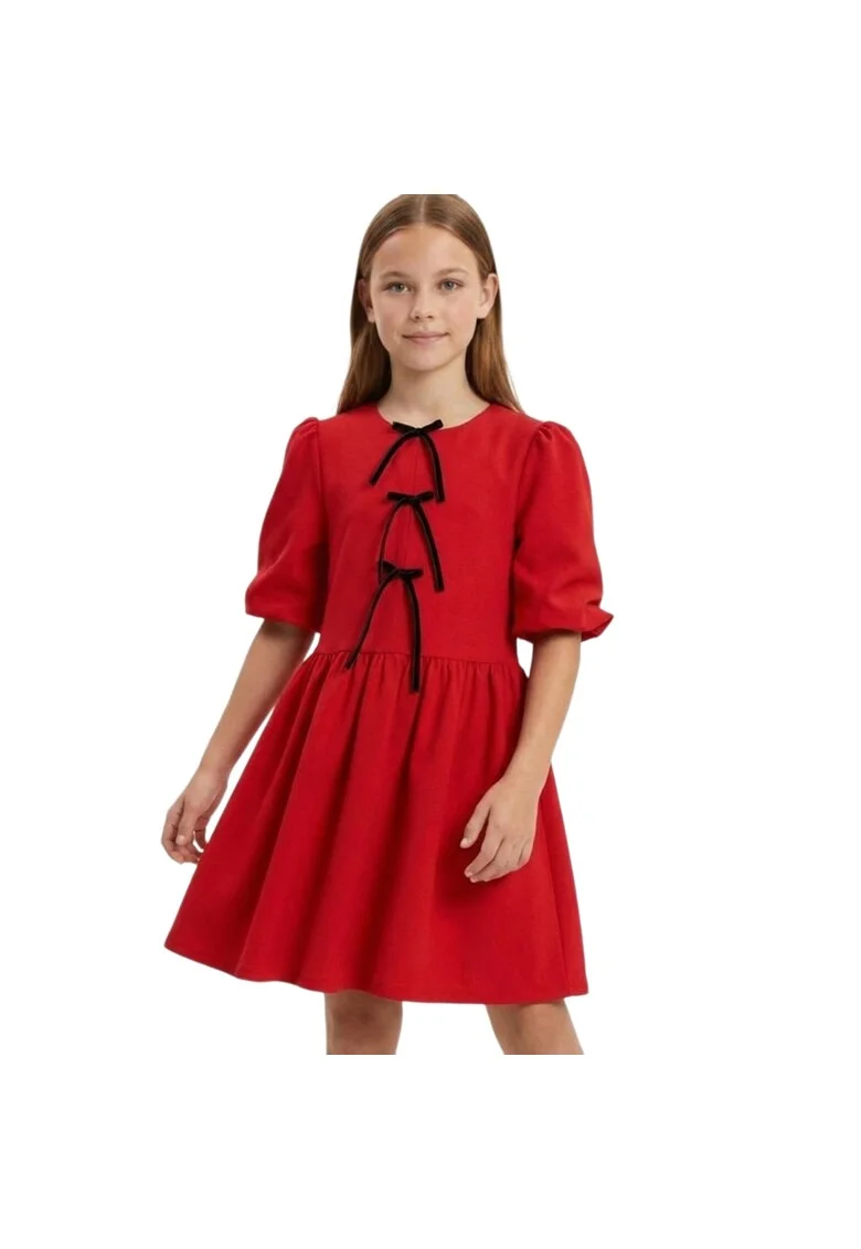 Rochie eleganta pentru fete  Anabel, rosie, evazata, cu fundite si maneci bufante, Rosu