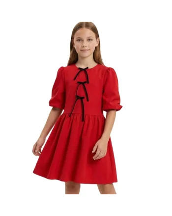 Rochie eleganta pentru fete  Anabel, rosie, evazata, cu fundite si maneci bufante, Rosu