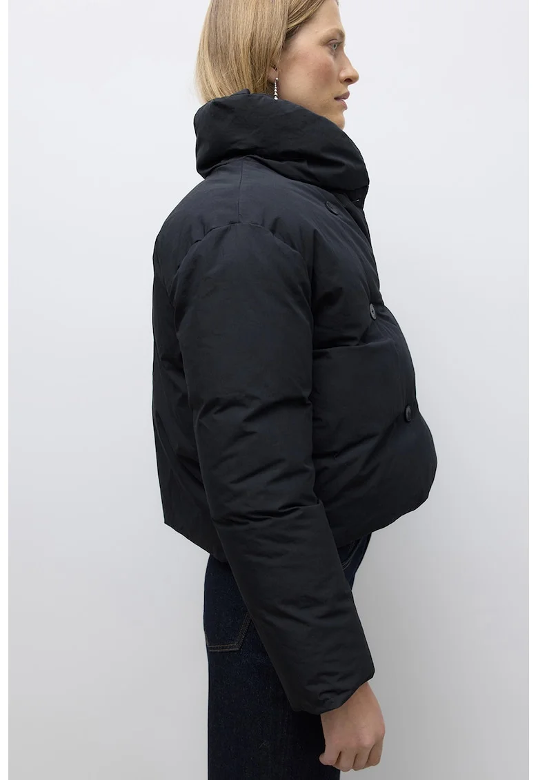 Geaca crop cu vatelina si guler inalt, Negru