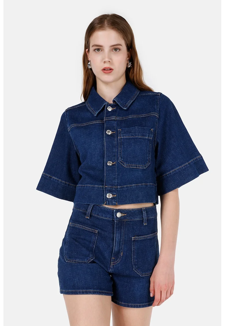 Jacheta crop din denim cu maneci scurte, Bleumarin