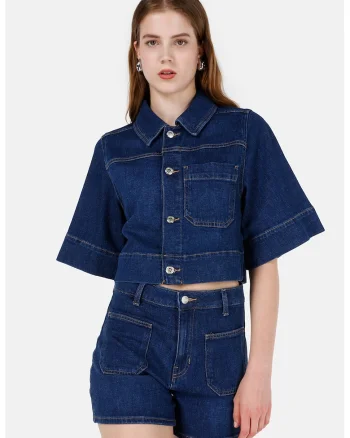 Jacheta crop din denim cu maneci scurte, Bleumarin