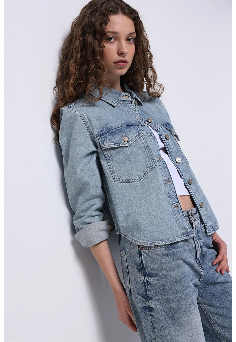 Jacheta-camasa din denim cu nasturi, Albastru lavanda