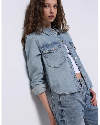 Jacheta-camasa din denim cu nasturi, Albastru lavanda