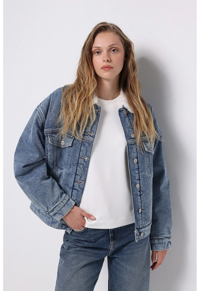 Jacheta lejera de denim cu guler de blana sintetica, Albastru melange